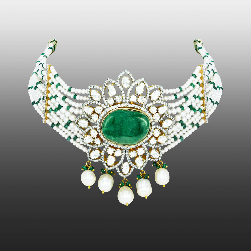 Emerald and Polki Choker with Pearl strings and Drops